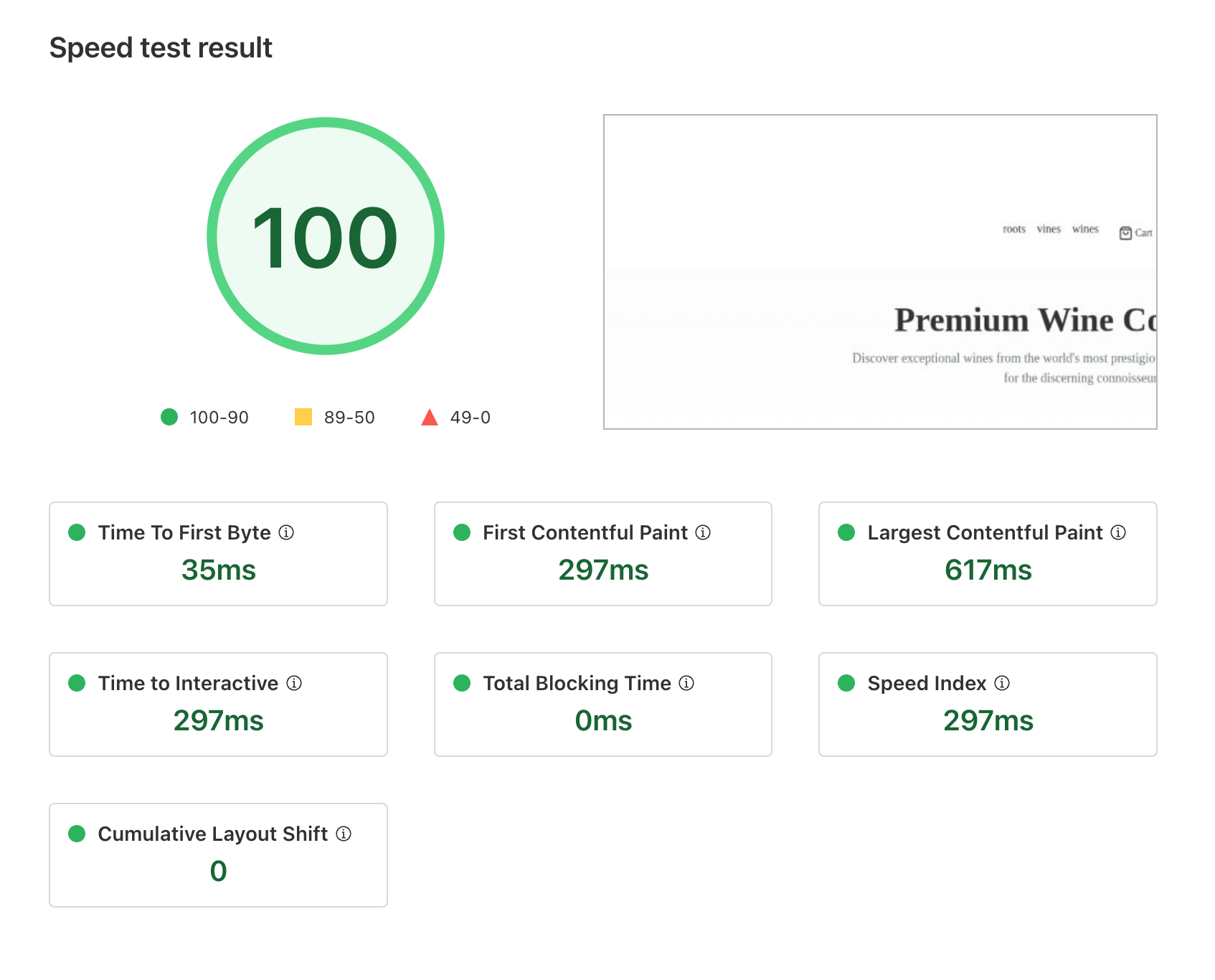 Speed test result showing a 100 score and sub-second paint metrics